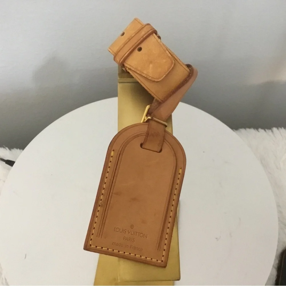 Louis Vuitton Tan Leather Luggage Tag with Gold Stitching Accent